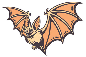 61 Stylized bat illustration, large pointed ears, wide-spread wings, orange and brown color scheme, symmetrical design, fierce expression, cartoon style, vector art, Halloween themed, detailed wing me