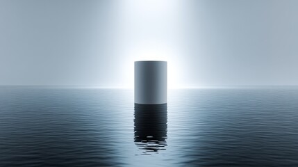 Minimalist Cylindrical Podium at Sea - A serene symbolizing peace, stability, mystery, hope, and contemplation. A single white cylinder rests calmly in tranquil water, illuminated from above