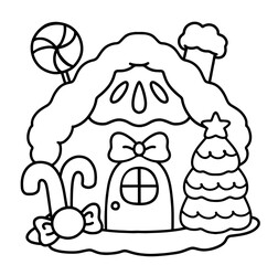 Cute gingerbread house illustration decorated with candies, Christmas tree, chimney, and round door with a bow — black and white festive coloring page for kids