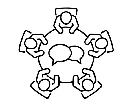 Five People Sitting Around Table with Speech Bubbles, Business Meeting, Group Discussion, Negotiation, Dialogue, Team Collaboration, Corporate Communication