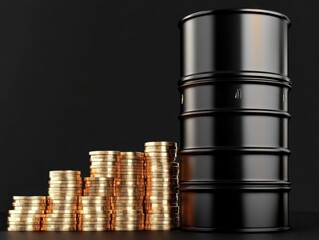 Oil barrels with golden coins on black background.