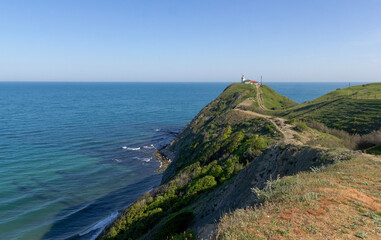 Cape Emine, Bulgaria. Lighthouse on a rocky shore and beautiful seascape
