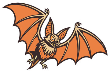 61 Stylized bat illustration, large pointed ears, wide-spread wings, orange and brown color scheme, symmetrical design, fierce expression, cartoon style, vector art, Halloween themed, detailed wing me