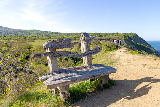 An unusual wooden bench on the shore of the Black Sea at Cape Emine
