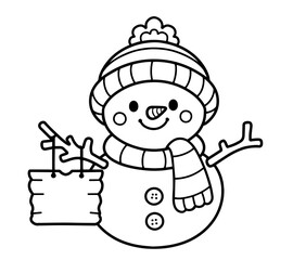 Smiling Snowman in Winter Hat and Striped Scarf Holding a Sign, with Carrot Nose, Button Body, Stick Arms, Christmas Season