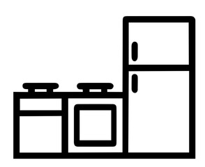 Kitchen Interior with Cabinet, Stove with Two Burners, Double-Door Refrigerator, Home Cooking Space, Modern Kitchen Appliances