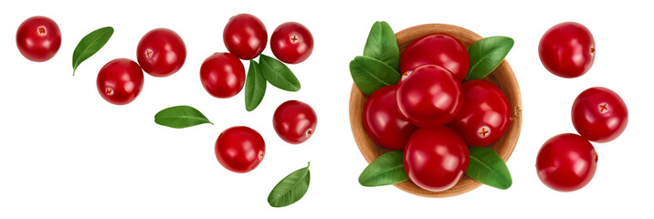 Cranberry with leaves isolated on white background with  full depth of field. Top view with copy space for your text. Flat lay