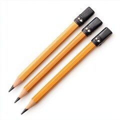 Three sharpened short yellow pencils with black erasers arranged diagonally on a white background

