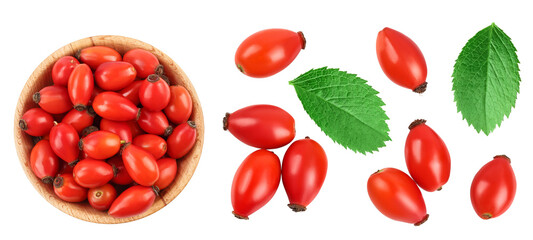 Rose hip in wooden bowl isolated on a white background with full depth of field. Top view. Flat lay.