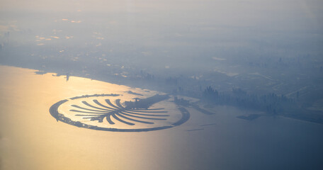 Palm Jumeirah island, view from plane, Dubai.