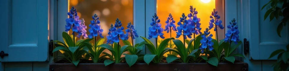 Evening light illuminates vibrant blue delphiniums in a rustic window box , botanical, evening light, tranquil