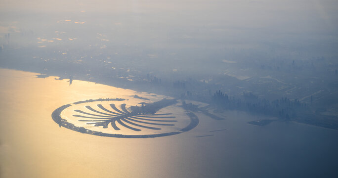 Palm Jumeirah island, view from plane, Dubai.