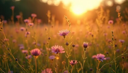 Fototapeta premium Beautiful floral meadow bathed warm golden light. Blooming purple flowers with long stems. Sunlight creates inspiring inspirational background photo for quotes, design, greeting cards, social media.