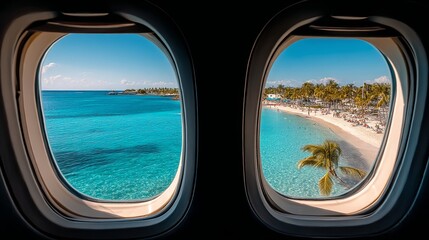Naklejka premium Tropical beach seen through airplane windows during flight