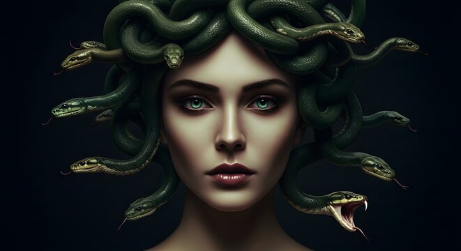 Majestic Medusa Portrait Mythological Greek Serpent Haired Gorgon, Female Face, Snakes, Mythology Illustration.