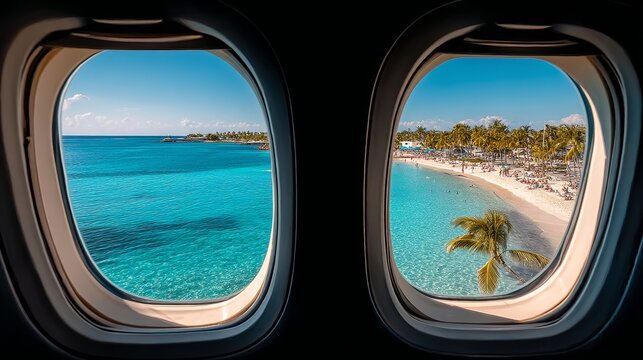 Fototapeta Tropical beach seen through airplane windows during flight