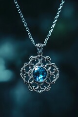 Elegant silver necklace with blue gemstone captivating jewelry display in dark background close-up photography enchanting aesthetics