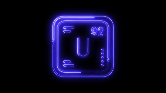 Glowing neon periodic table element uranium symbol on black background animation