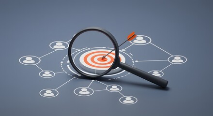 Target audience marketing concept Magnifying glass focusing on a bullseye with network of people icons.