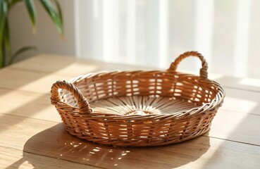 Fototapeta premium Round woven rattan basket on wooden table, sunny day. Traditional handcraft, natural decor element. Empty bowl shape, ideal for storage or home decoration. Vintage rustic style, eco-friendly item.