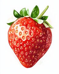 Detailed watercolor-style digital illustration of a ripe red strawberry with vibrant seeds and green leaves

