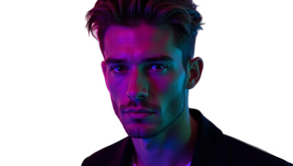 Close-up Portrait of a Man Under Neon Lighting