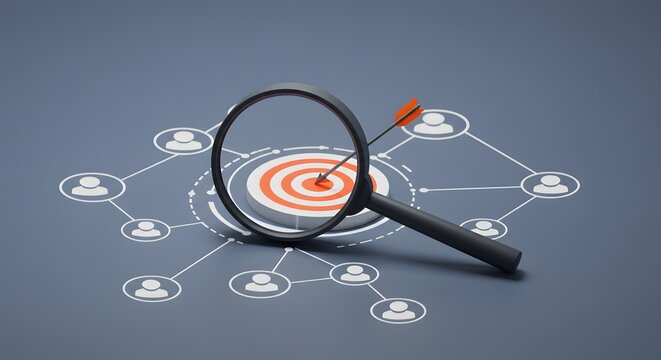 Target audience marketing concept Magnifying glass focusing on a bullseye with network of people icons. - Powered by Adobe
