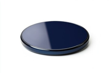 Black round object with glossy reflective surface on white background used for display or design


