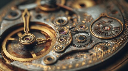Obraz premium Close up view of intricate watch mechanism with gears and jeweled accents in gold and silver tones