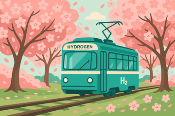 Obraz premium The scene features a hydrogen-powered tram, blooming pink flowers, and visiting tourists in a clean and flat urban environment