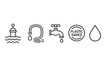 Icons of blue water that connect the hub, hose, tap, badge, and droplet