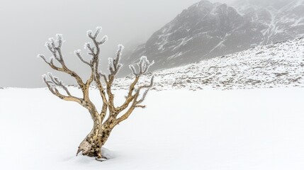 Solitary, frost-covered tree in snowy landscape.