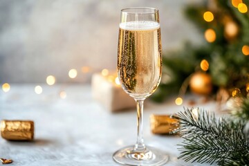 Glass of sparkling champagne in festive holiday setting with bokeh lights and decorations
