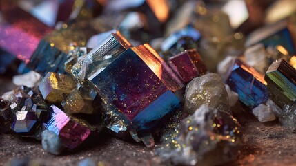 A close up view of colorful pyrite cubes with iridescent hues and crystalline structures on display