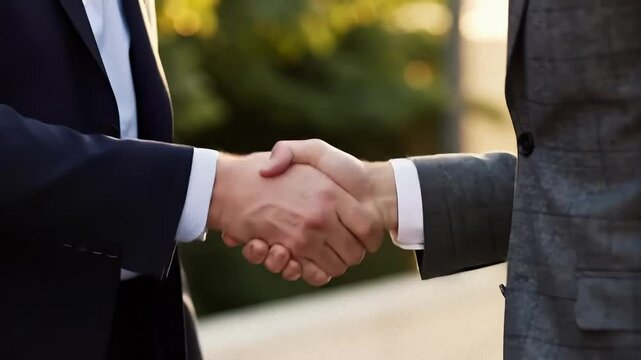 Close-up of a handshake between two businessmen in suits, symbolizing trust, partnership, and successful agreement in a professional outdoor setting.