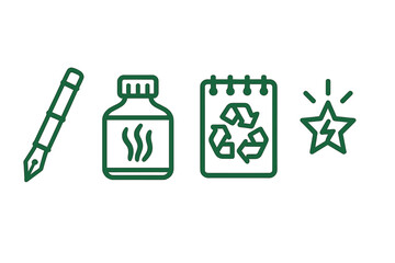 Icons representing eco-friendly stationery merge symbols of a pen, bottle, pad, and star