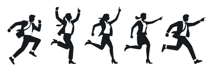 Silhouettes of Business People Running and Celebrating Success