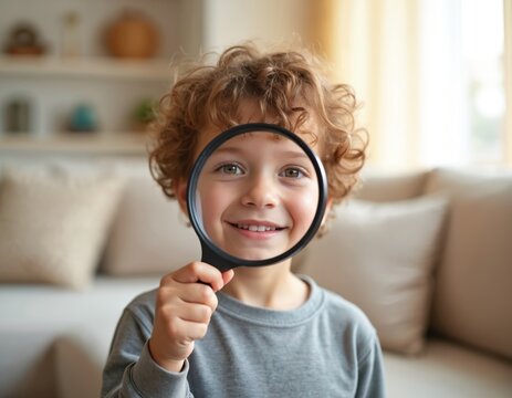 Happy boy looks through magnifying glass. Kid examines, studies, researches with magnifier. Child smiles, has fun indoor at home. Concept for finding, education, learning, knowledge discovery.