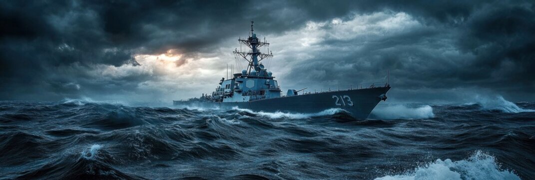 Naval destroyer cruising rough sea under dramatic stormy skies and glowing clouds