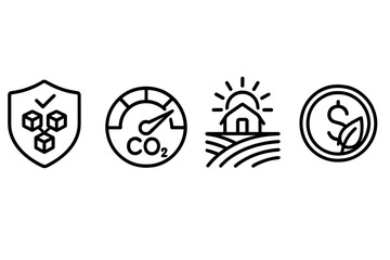 Icons of impact finance are connected through symbols of a shield, dial, farm, and coin