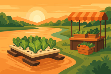 The ag-tech scene is flat and features hydroponic towers, a sunrise reflection, and market stalls