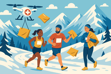 The scene depicted a flat rescue technology setting complete with drones carrying parcels, runners, and a backdrop of snowy peaks