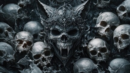 A demonic skull surrounded by many skulls