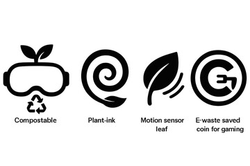 Obraz premium Icons representing eco-friendly concepts in VR include images of a shell, a swirl, a leaf, and a coin