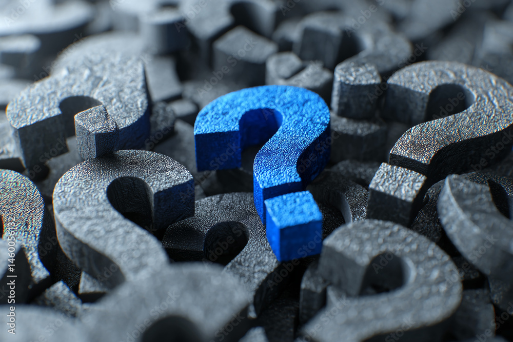 Poster blue question mark among many gray ones, textured surface, symbolizing finding answers, unique solut