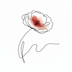 One Line Ink Drawing of Poppy flower with Red Watercolor Spot on White Background. drawn with a pen. Freehand drawing. Botanical art. Art for print.