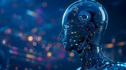 A futuristic humanoid robot head with visible circuits and a blurred light background