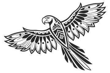 64 Black and white illustration, stylized parrot, macaw silhouette, spread wings, tribal design, symmetrical bird artwork, graphic tattoo style, bold contrast, minimalist avian form, feather details, 