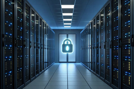 Secure Server Room Data Center with Illuminated Padlock Symbol