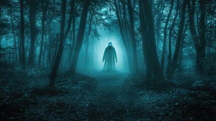 Mysterious figure in a misty forest